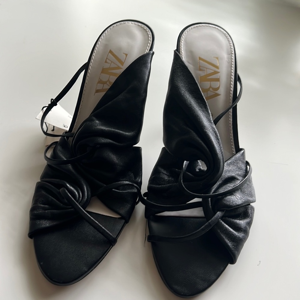 ZARA | Black Real Leather Heel Open Toe Mule Size 39/8 NWT